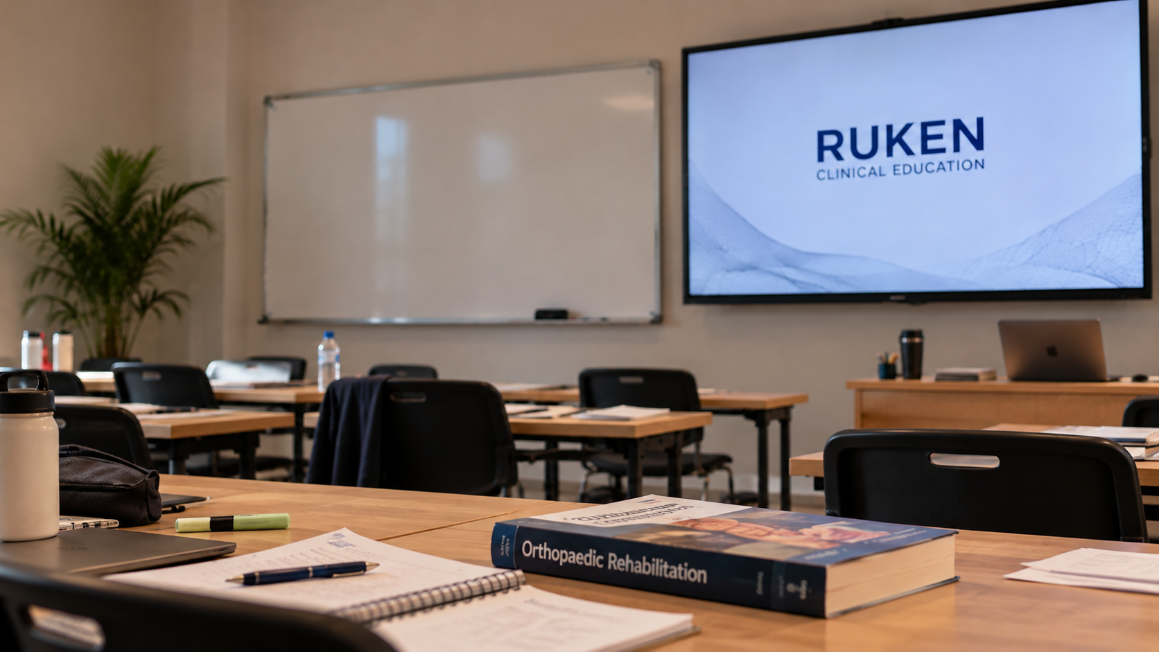 Classroom set up for an orthopaedic rehabilitation session, with the RUKEN Clinical Education title on screen