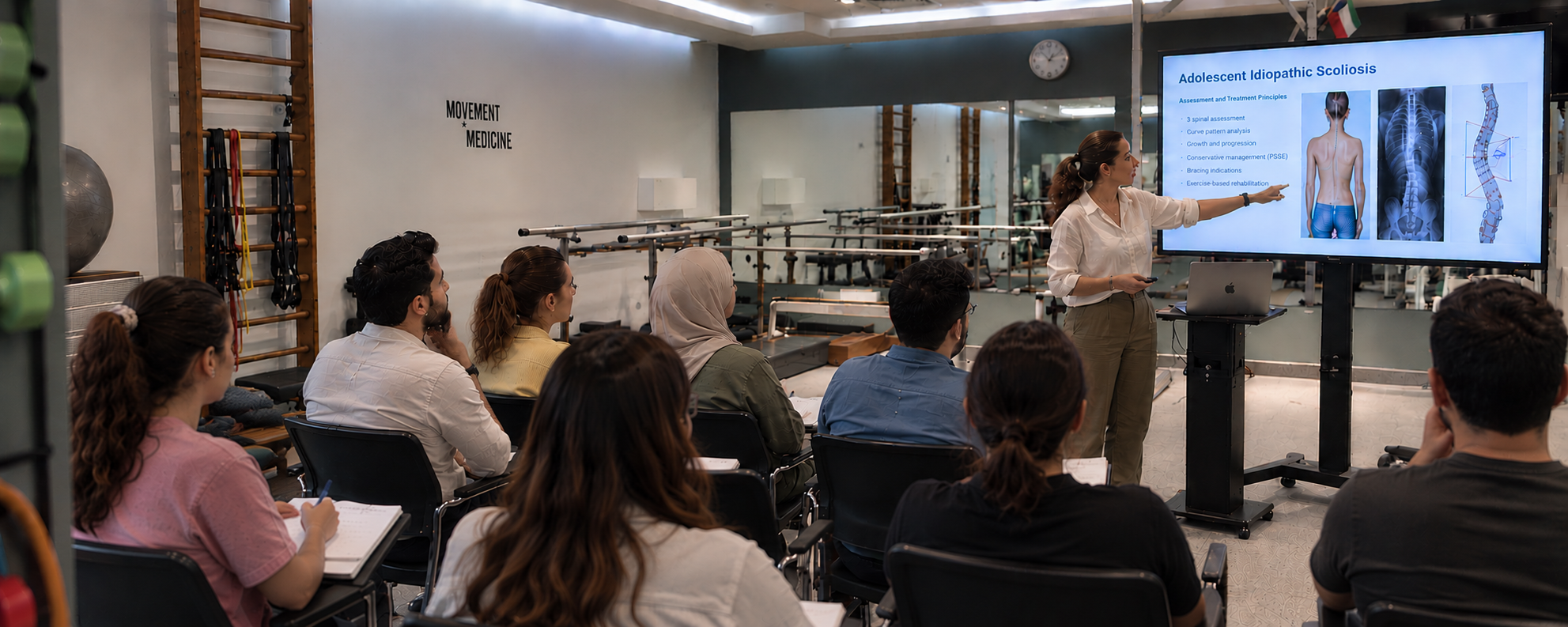 Physiotherapy seminar on adolescent idiopathic scoliosis: an instructor presents to seated participants in a Kuwait rehabilitation studio
